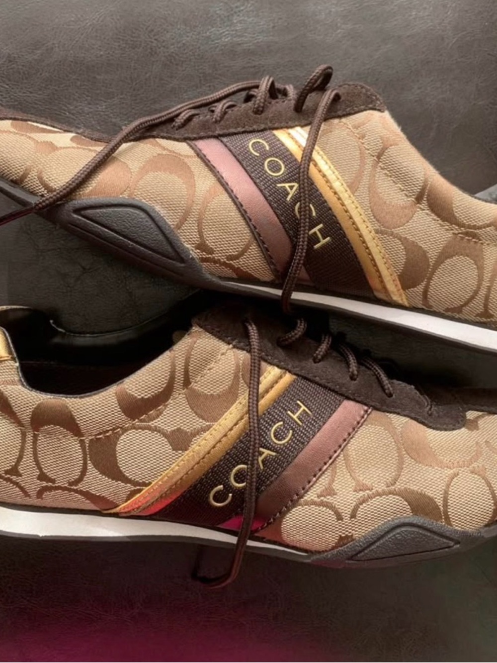 COACH Women’s Signature Canvas Brown Trainer with Gold Accents
